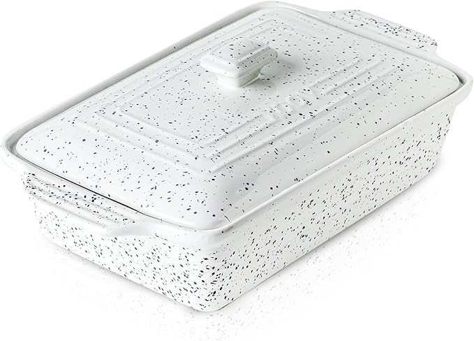 KOOV Ceramic Casserole Dish with Lid, Covered Rectangular Casserole Dish Set, Lasagna Pans with Lid for Cooking, Baking dish With Lid for Dinner, 9 x 13 Inches, Splash Series (Splashed White)