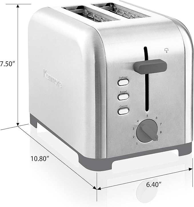 Kenmore toaster 2 slice - extra wide slot countertop kitchen appliance, defrost function, grille-pain, 9 shade settings, compact design, easy clean crumb tray, bread bagel, stainless steel