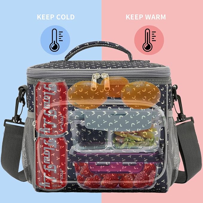 FlowFly Insulated Reusable Lunch Bag Adult Large Lunch Box for Women and Men with Adjustable Shoulder Strap,Front Zipper Pocket and Dual Large Mesh Side Pockets,Alphabet