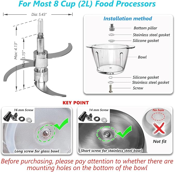 All Stainless Steel Food Processor Blade, Universal 8 Cup Plastic-Free Chopper Part Compatible with Ganiza, KOIOS, Bar, Syvio, CEUKOZ, Kitchen in the box, Homeleader, Homeasy and Most 8 Cup/2L Bowls
