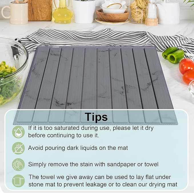 Stone Dish Drying Mat for Kitchen Counter,24"(L)×16"(W) Collapsible Fast-Drying Diatomaceous Earth Mats with Towel Sanding Tool,Versatile Stone Drying Mats for Cups Dishes Bottles