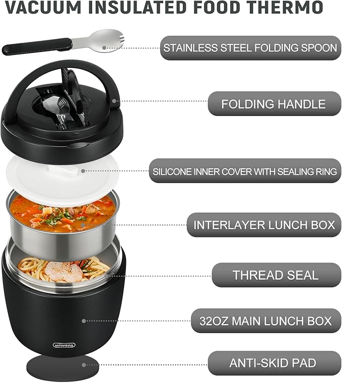 Thermo Food Jar for Hot Food Adults 32OZ Soup Thermo Lunch Containers Wide Mouth Vacuum Insulated Stainless Steel Leakproof Bento Box with Spoon (Black)