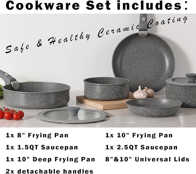 Pink Non Stick Pot and Pan Sets with Removable Handle, Ceramic Cookware Set Detachable Handle, Induction Kitchen Camping Stackable Pots Pans, Dishwasher/Oven Safe, PTFE/PFOA/PFOS Free