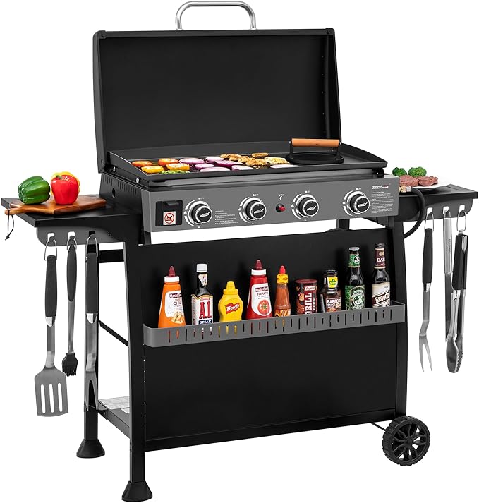 Royal Gourmet PD4001 4 Burner Propane Gas Griddle with Removable Standing Cart, Convertible to Tabletop Design, Flat Top Grill with Hood for Camping, Tailgating, Backyard, Black