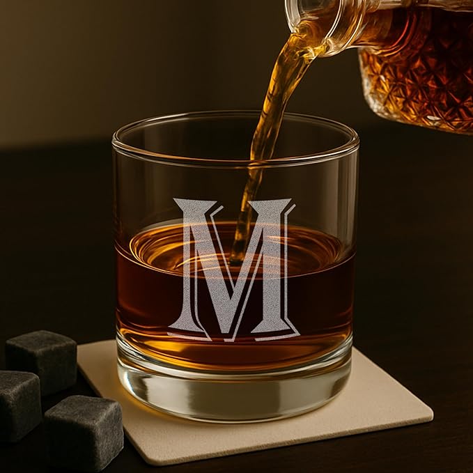 (M-Monogram)- 4 Piece Set of 11 Ounce Engraved Heavy Base Rocks Glasses Elegant Glass-Multi-Purpose Beverage-Rocks Glass- Gift for any Occasion- By: On The Rox