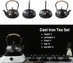 Tea Set Tea Kettle Japanese Style Beautiful Black Cast Iron Teapot Set with 4 Cups,4 Cup Mats,1 Trivet and 1 Lid Holder,40.6oz Teapot with Infuser for Stove Top Safe