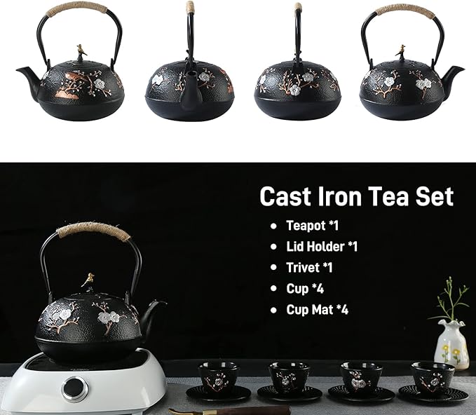 Tea Set Tea Kettle Japanese Style Beautiful Black Cast Iron Teapot Set with 4 Cups,4 Cup Mats,1 Trivet and 1 Lid Holder,40.6oz Teapot with Infuser for Stove Top Safe