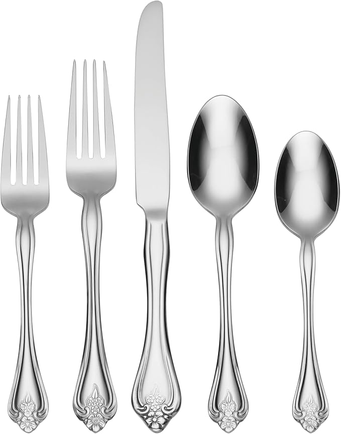 Oneida Boutonniere 45 Piece Everday Flatware, Service for 8, 18/0 Stainless Steel. Silverware Set, Dishwasher Safe, Multi