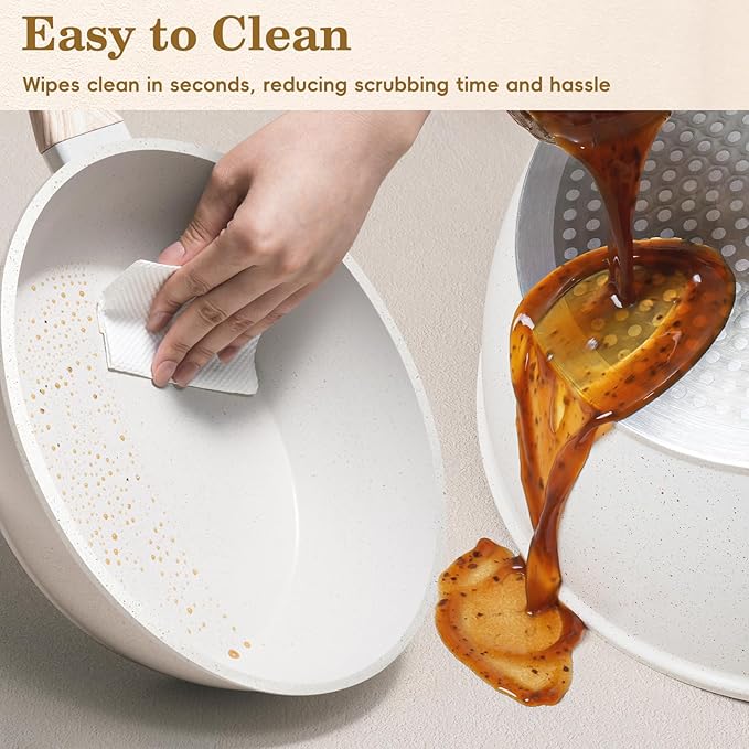 12Pcs Non-Stick Pots and Pans Set, White Granite Induction Cookware Set, Non-Toxic Healthy NonStick Kitchen Cooking Set with Pans Set, Soup Pot (No PFAS/PFOA/PFOS)