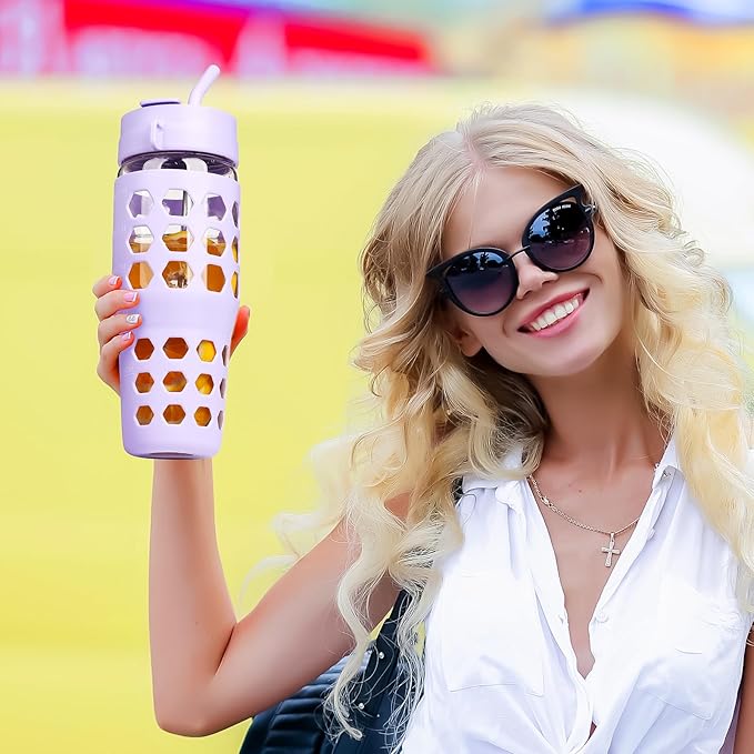 MUKOKO 32 oz Glass Tumbler with Straw,Glass Water Bottles with Time Marker,Iced Coffee Cup with 2 Lids-Handle Spout Lid&Straw Lid,Silicone Sleeve,Leakproof,1 Pack-Purple