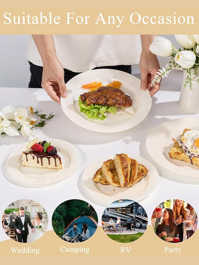 WDF 200PCS Ivory Plastic Plates - Elegant Ivory Disposable Plates for Party- Include 100 Dinner Plate 10’’ and 100 Plastic Dessert Plate 7’’ Perfect for Wedding/Party/BirthdayBaby Shower
