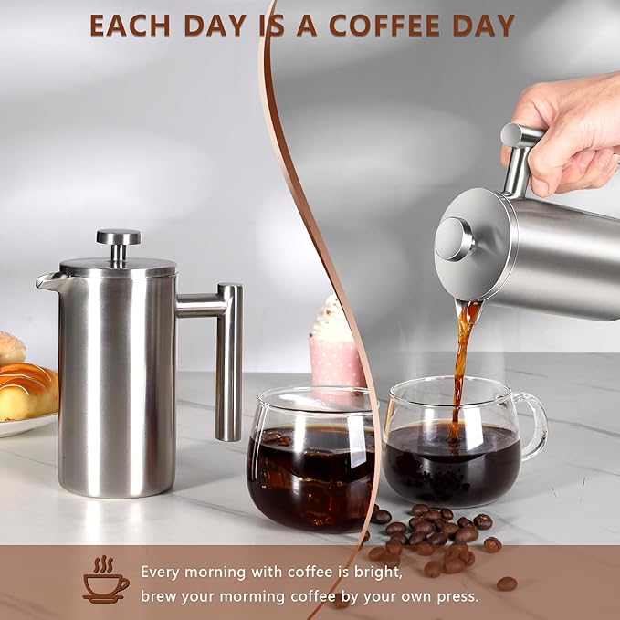 French Press 34 OZ, Durable Stainless Steel French Press Coffee Maker, Double-Wall Insulated Coffee Presses for Travel Camping Tea, Easy to Use, Dishwasher Safe (Silver Matte)