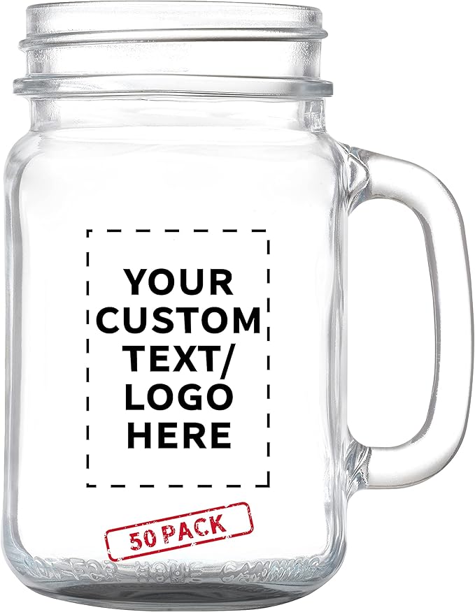 DISCOUNT PROMOS Custom Libbey Mason Jars w/Handles 16 oz. Set of 50, Personalized Bulk Pack - Traditional style, High standard - Black
