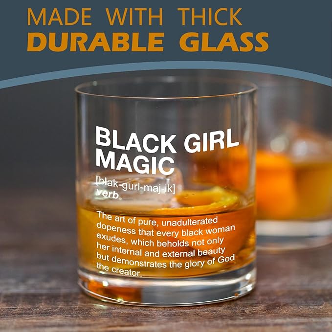 kunlisa Black Girl Magic Gifts Whiskey Glasses, African American Gifts for Black Women, 10 oz Drinking Rocks Glasses for Women Whisky Cocktail Scotch Bourbon Liquor