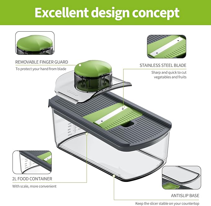 Cambom Mandoline Slicer Vegetable Slicer With 2 L Container for Potatoes, Tomatoes, Cucumbers, Carrots With 10 Blades White