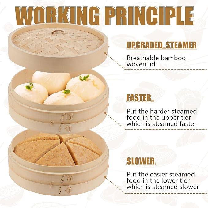 Tessco for you 59 Pcs 2 Tier 10 Inch Bamboo Steamer Basket Set Including Bamboo Steamer Stainless Steel Ring Dumpling Maker Mold and Cutter Spoon 2 Pair Chopsticks 2 Sauce Dish 50 Paper Liners