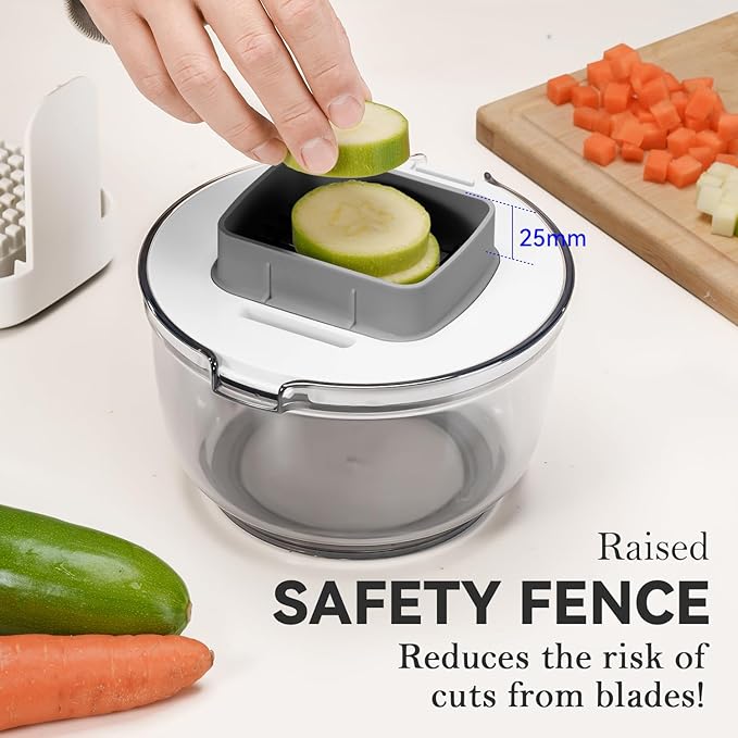KEOUKE Multifunctional Vegetable Chopper Bowl White - 3 Interchangeable Blades Potato French Fry Cutter with Container & Storage Box Food Chopper Dicer for Cucumber, Tomato, Carrot, Onion