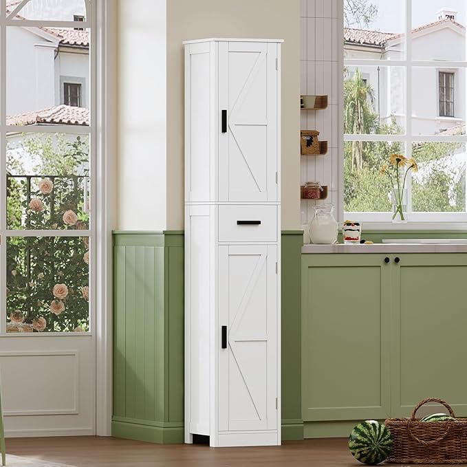 WEENFON 67 Tall Bathroom Cabinet with 6 Shelves & 1 Drawer, Narrow Storage Cabinet with Adjustable Shelves, Silm Cabinets for Bathroom, Living Room, Kitchen, White
