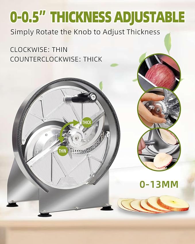 Commercial Manual Vegetable Fruit Slicer - 0.2-13mm Adjustable Thickness, Stainless Steel Manual Vegetable Cutter Machine with 2* Extra Blades for Slicing Fruit Potato Lemon Onion Cabbage Tomato