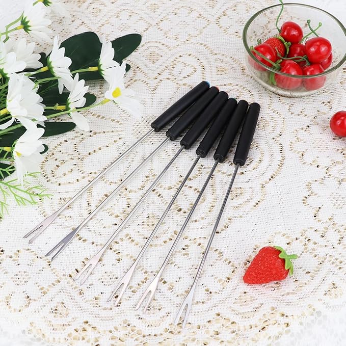 6PCS Stainless Steel Fondue Forks Set (9.1") - Color-Coded Heat-Resistant Handles for Cheese, Chocolate, Meat Desserts,Rust-Proof Fondue Sticks for Grill, Fountain & Camping (Multi-Color)
