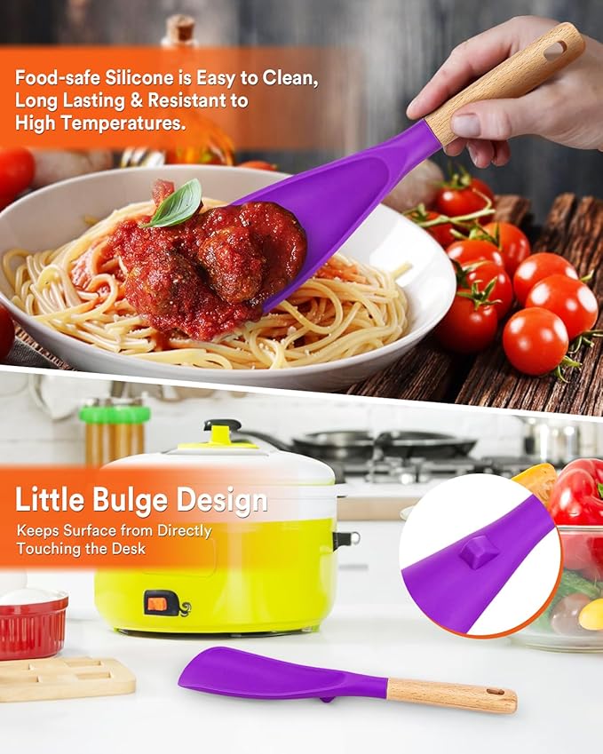 Cooking Spoon and Rice Scooper for Nonstick Cookwares, Great for Cooking and Serving Sturdy BPA-Free Matte Silicone, Wood Handle Spoon for Mixing, Scoop, and Scrape (BERRY)