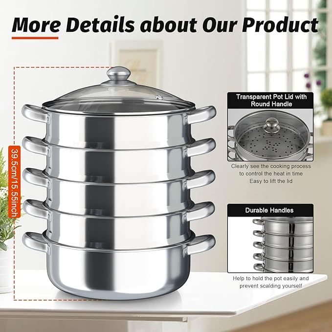 5 Tier Layer Stainless Steel Steamer Pot, 304 Food Grade Steel Multipurpose Steam Cookware Steaming Pot with Stackable Pan and Lid for Cooking Corn,Dumpling,Fish (Silver, 5 Tier - 30cm)