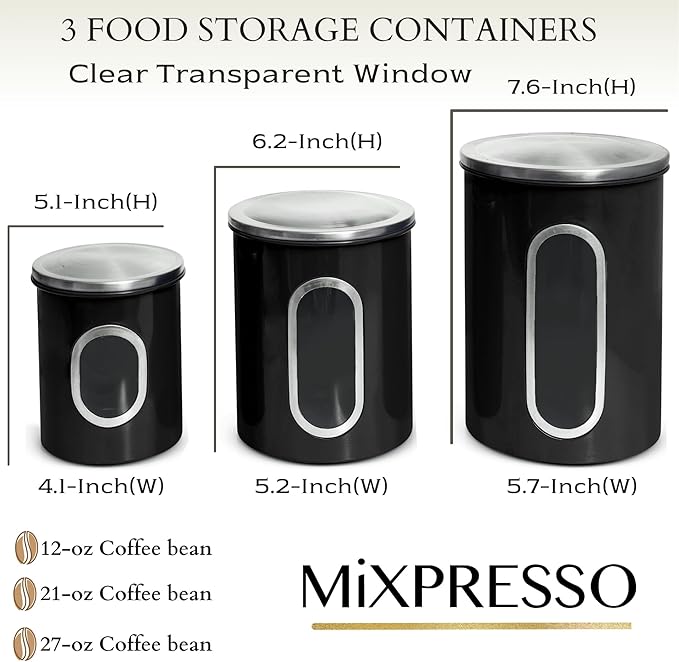 Mixpresso 3-Piece Black Canisters Sets For The Kitchen, Airtight Canister Set With See Through Window, Storage Jars for Coffee Container, Tea Organizer & Sugar Canister, Black Kitchen Canisters