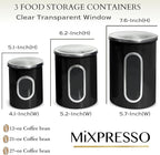 Mixpresso 3-Piece Black Canisters Sets For The Kitchen, Airtight Canister Set With See Through Window, Storage Jars for Coffee Container, Tea Organizer & Sugar Canister, Black Kitchen Canisters