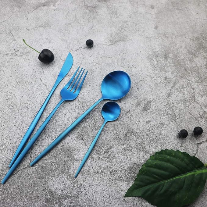 JASHII Silverware Set, 24-Piece Stainless Steel Flatware, Kitchen Utensil Set for 6, Tableware Cutlery - Matte Blue, Dishwasher Safe