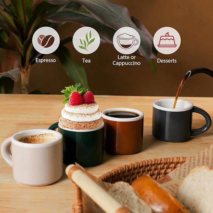 INGOFIN Ceramic Espresso Cups Set of 4, 2 oz Mini Espresso Mugs with Handle, Small Demitasse Coffee Cups, Vintage Accessories, Microwave Safe Shot Cup Suit for Coffee Bar