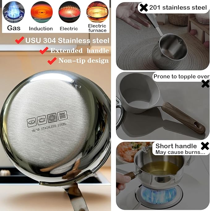Mini Egg Pan, 304 Stainless Steel Omelet Pan, 5.1Inch Sauce Pan Mini Skillet for Butter Warmer Small Pot Cooking with 10.5" Scraper