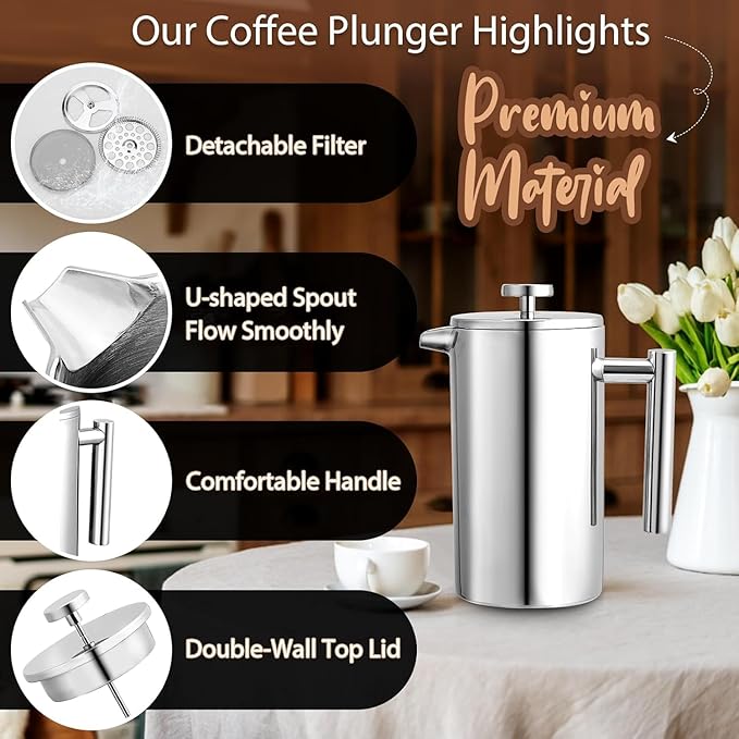 Miuly 21OZ French Press Coffee Maker 600ML Stainless Steel Coffee Press with 3 Level Filtration System, Double Wall Insulated French Press with 2 Filters