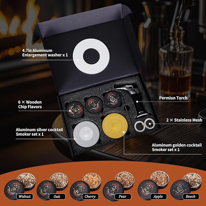 Cocktail Smoker Kit with Torch, 2 Pack Whiskey Smoker Kit Metal Old Fashioned Smoker kit, Birthday Bourbon Whiskey Gifts for Men Dad Husband, 4.7in Expansion Disk, 6 Flavors Wood Chips(No Butane)
