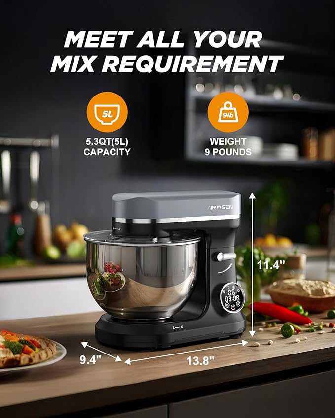AIRMSEN Automatic Stand Mixer with LED Touchscreen & Timer - 11 Speed Tilt-Head Dough Mixer Fits 5.3QT Bowl & 3-IN-1 Attachments - Kitchen Electric Mixer for Bread Cake Baking - Black and Gray