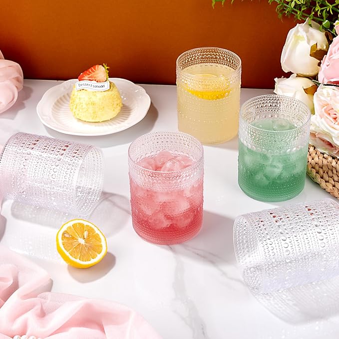 18PCS Plastic Hobnail Drinking Glasses - 14 Oz Clear Vintage Glasses Drinkware - Disposable Beaded Cups for Beer, Whiskey, Juice, Cocktail, Wine, Party