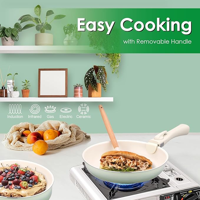 20pcs Ceramic Cookware Set Nonstick, Detachable Handle Pots and Pans Set, Non Toxic,No PFAS & PTFE & PFOA, Dishwasher/Oven Safe, RV Kitchen Set Removable Handle for Cooking, Green