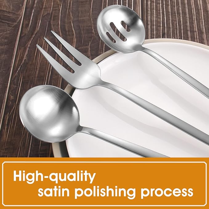 Matte Serving Silverware Set, 5-Piece Round Shared Utensils Set of Stainless Steel, Hostess Flatware Serving Set, Satin Finish, Dishwasher Safe