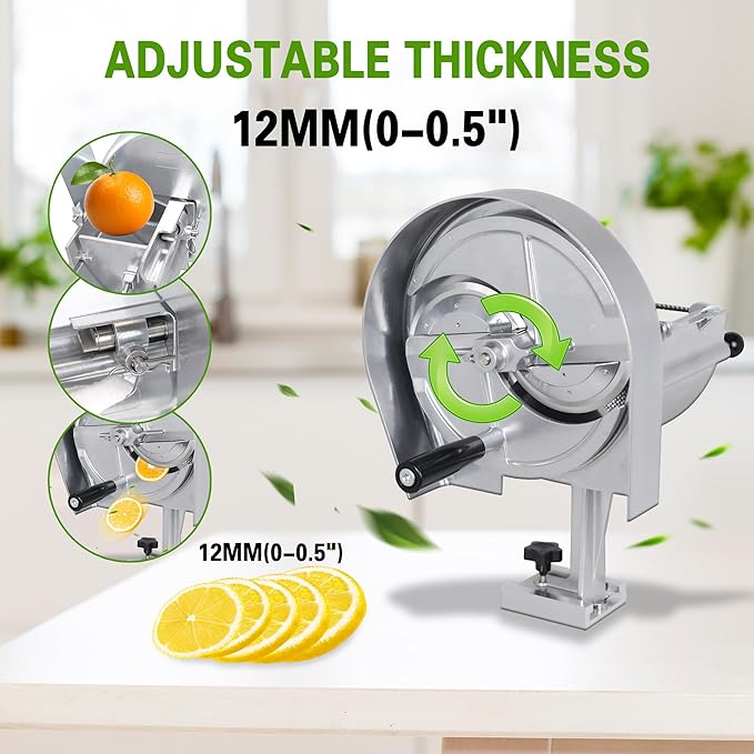 Hakka Commercial Vegetable Slicer Manual Fruit Slicer Potato Tomato Slicing Machine Onion Slicers Stainless Steel Vegetable Cutter for Potato Lemon Tomato Onion, 0.2-10mm Thickness Adjustable