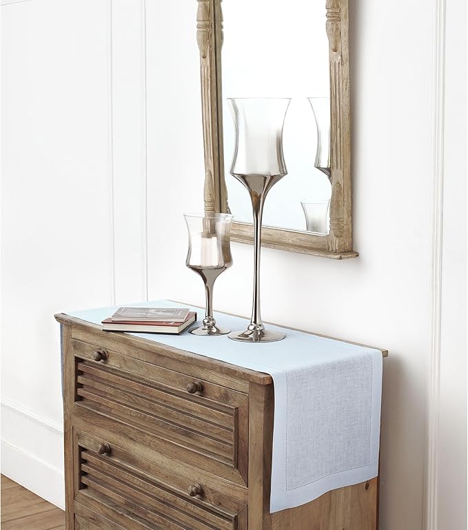 Solino Home Linen Light Blue Table Runner 60 Inches - Classic Hemstitch, 100% Pure Linen Coffee Table Runner 14 x 60 Inch Ideal for Dresser Tables - Summer