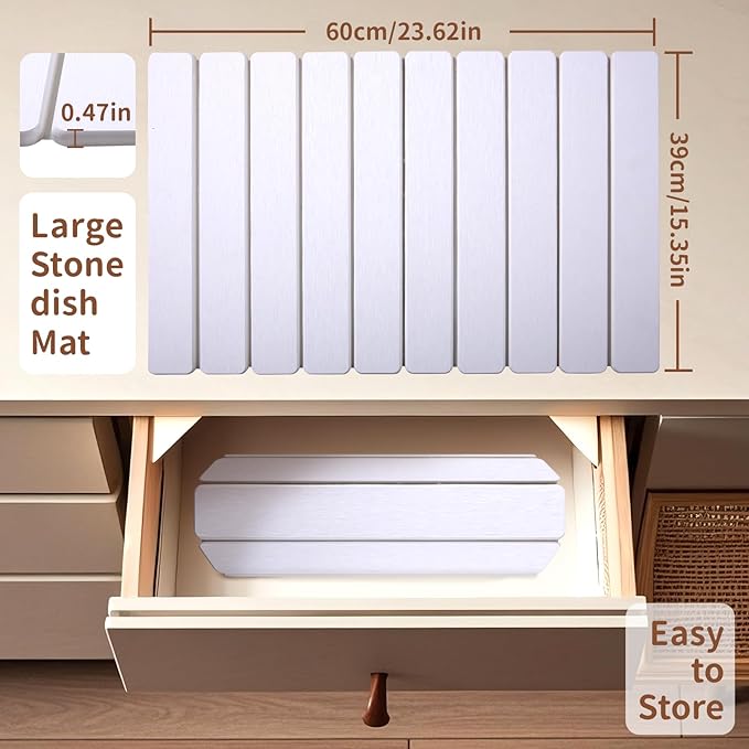 Coolcandy 24x16" Large Stone Dish Drying Mat, Quick Drying Mat Kitchen Counter, Foldable Kitchen Drying Mat, Diatomaceous Earth Stone Drying Mat, Collapsible Dish Mat Kitchen Mat For Drying