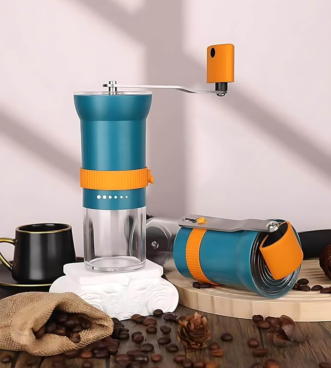 Portable Manual Coffee Grinder for travel - Conical Burr with 5 Adjustable Settings, Hand Crank Bean Mill for Espresso, Pour over, French, Moka - Camping, Hiking, Office & Home, 25g Capacity (Blue)