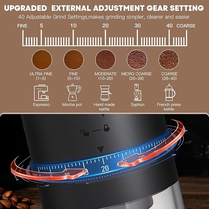 Portable Electric Coffee Bean Grinder， Upgraded Ceramic Conical Burr with External 40 Levels Adjustable Fine to Coarse Settings, Rechargeable and Faster Grinding for Office, Home, Black