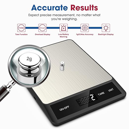 Mik-Nana Food Scale, Digital Kitchen Scale with 6 Units Tare Function & LCD Display, 11lb Stainless Steel Weight Grams and Ounces for Baking, Cooking and Meal Prep (Batteries Included)