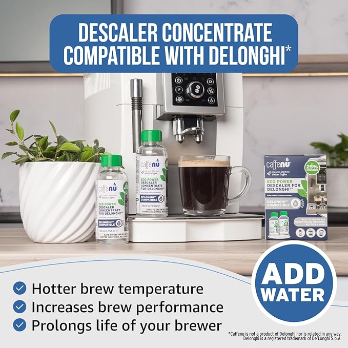 Delonghi Compatible Descaling Solution. 2 Bottles of Descaler Solution. Descaling Kit Removes Limescale For Hotter Coffee. 4 Uses Descaler For Delonghi Coffee Machines.