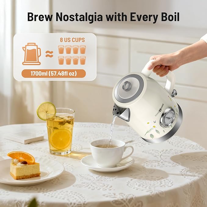 Retro Electric Kettle, PARIS RHÔNE 1.7L Hot Tea Kettle with Thermometer, 1500W Fast Heating, Cordless Design, LED Indicator, Auto Shut-Off & Boil Dry Protection