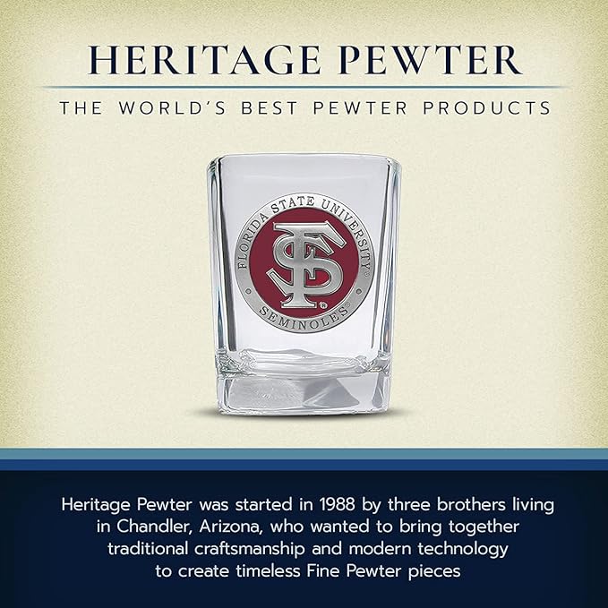 Heritage Pewter Florida State University Square Shot Glass | Hand-Sculpted 1.5 Ounce Shot Glass | Intricately Crafted Metal Pewter Alma Mater Inlay