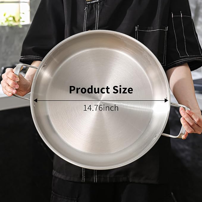 DELARLO 14 inch Paella Pan With Lid Tri-Ply Large Frying Pan Stainless Steel,Induction Skillets,Fast Heating Cookware,Indoors Outdoors,paelleras para 12 personas Jumbo Cooker