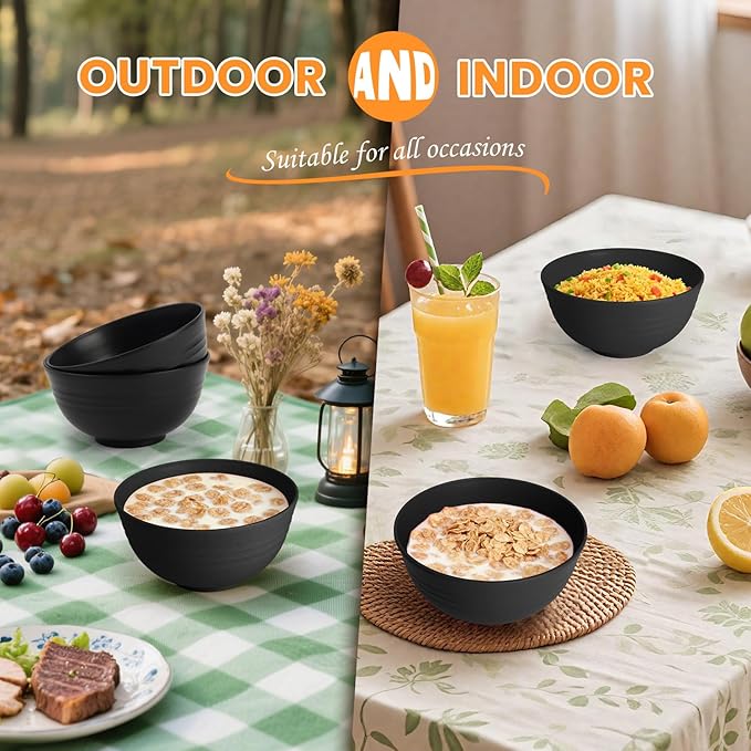 Homienly Cereal Bowl Set, Wheat Straw Bowls for Kitchen, Unbreakable Lightweight Bowl Set of 8, Microwave and Dishwasher Safe Bowls, Reusable Bowl for Serving, Cereal, Snack,Fruit(Black, 26 OZ)