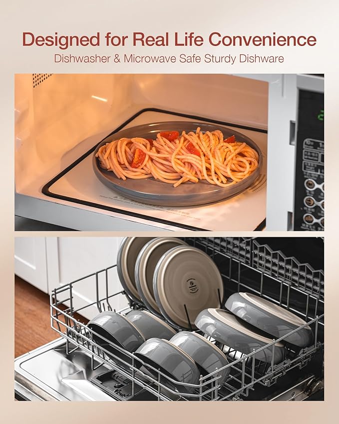 Famiware Milkyway Stoneware Dinnerware Sets with Pasta Bowls, Service for 4 (16 Pieces), Plates and Bowls Sets -Scratch Resistant, Microwave and Dishwasher Safe Dishes Set, Dark Gray