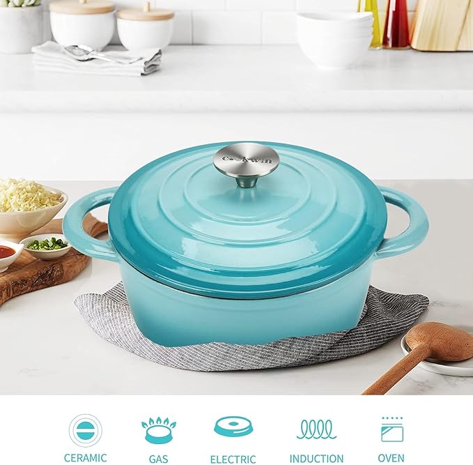 Cast Iron Dutch Oven 4.5 Quart Enameled Cast Iron Dutch Oven Pot with lid Heavy Duty Dutch Oven Dual Handles Porcelain Enameled Cast Iron Pot for Baking Braiser Cooking Family or Friends Gifts,Aqua